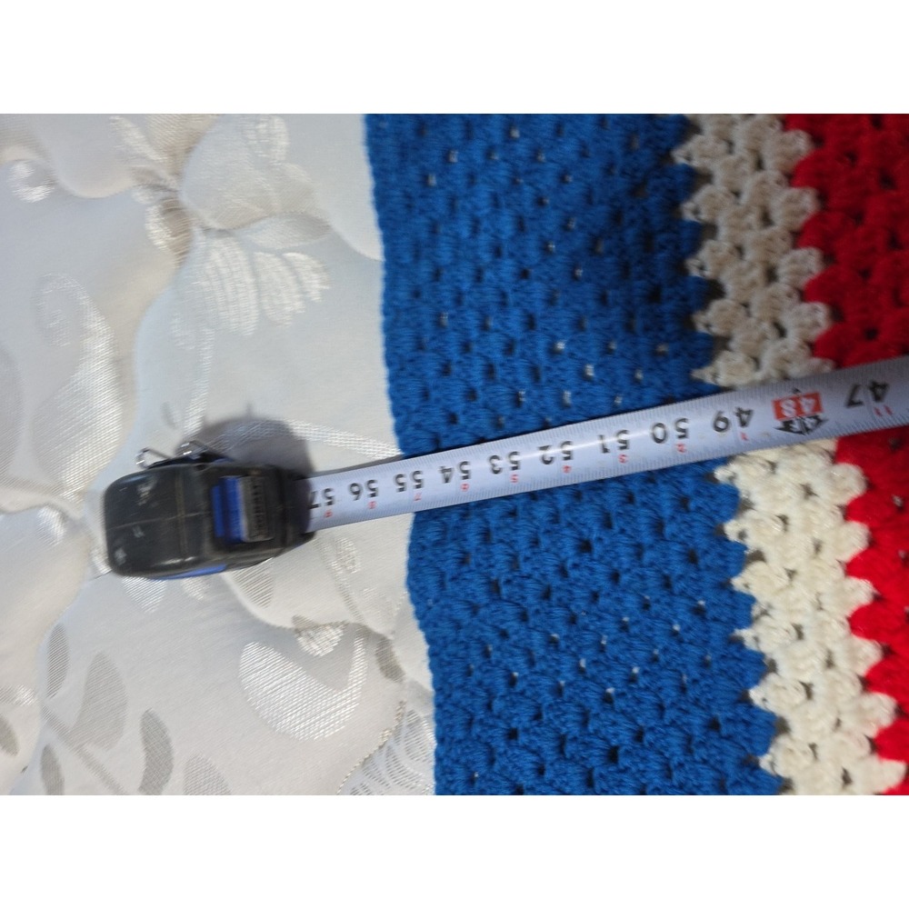 Crochet Afghan Blanket Throw Red White Blue Striped rectangle 55x49" Granny Core - Picture 5 of 6